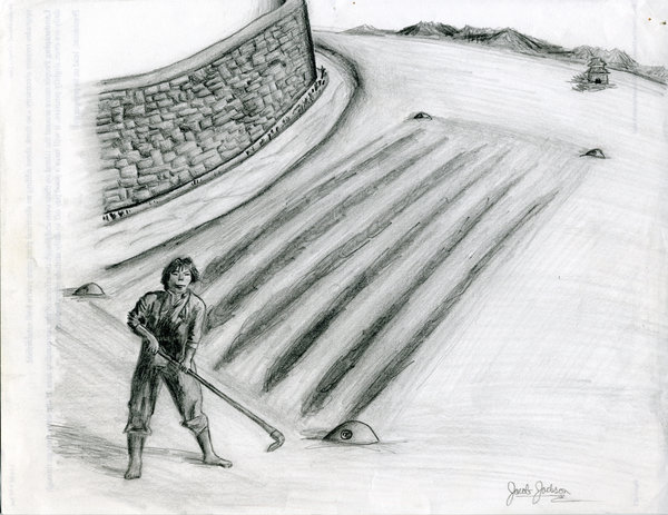 A drawing of a field with an asian man hoeing and a city wall on the left