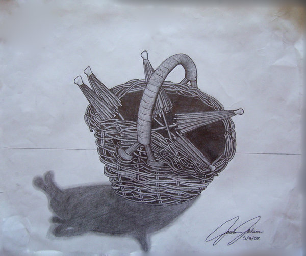 A pencil drawing of a wicker basket filled with cocktail umbrellas