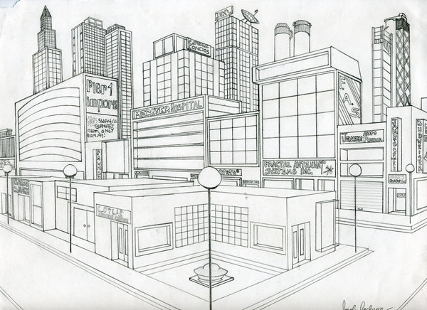 A perspective drawing of a city